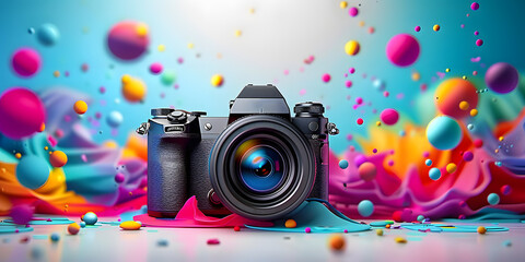 Creative poster of a camera surrounded by colorful elements for World Photography Day celebration , World Photography Day