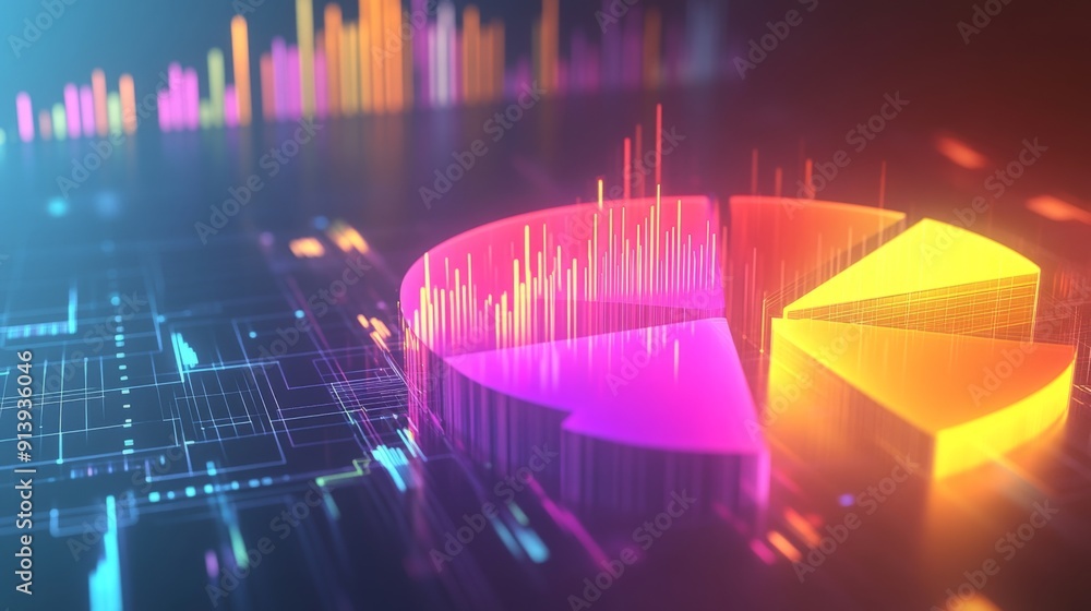 Poster glowing segments in a 3d financial pie chart, showcasing market data with a radiant effect.