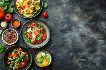 Assortment of healthy food dishes. Top view. Free space for your text , ai