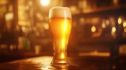 Golden beer in a tall glass, illuminated by warm, soft light, with a rich frothy head glistening invitingly.