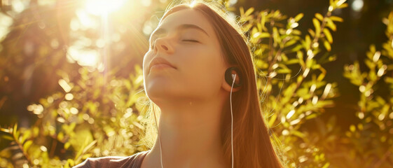 Fototapeta premium A woman enjoys music through earphones while basking in the warm sunlight, her peaceful expression reflecting pure serenity and contentment.