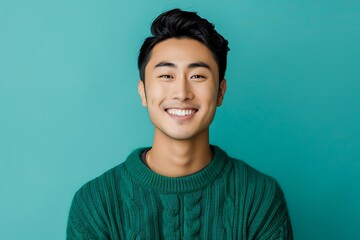 Fototapeta premium Smiling Asian Man in Green Sweater