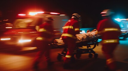 Obraz premium Paramedic team in action, transporting patient with urgency, blurred background for rapid movement