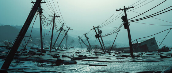 Tilting utility poles and fallen debris fill a deserted, storm-ravaged landscape under a gloomy sky.