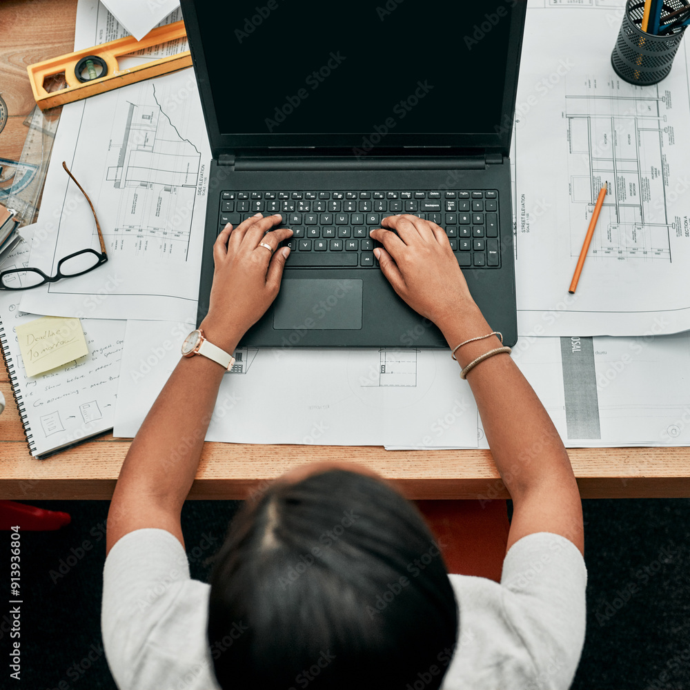 Poster woman, architect and typing on laptop in office, above of development with planning for design. pers