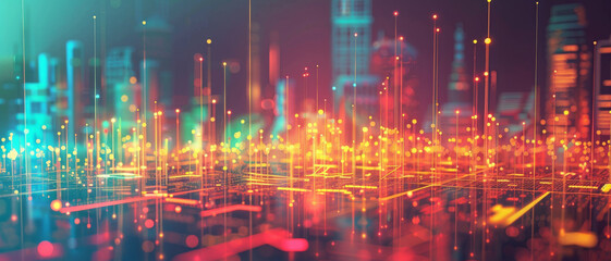Fototapeta premium A vibrant, dynamic digital art piece of a city lit with glowing neon colors, symbolizing technological advancements and urbanization.