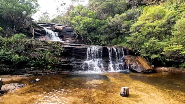 Landscape of Wentworth Falls is a three-tiered waterfall fed by the Jamison Creek, near the town of Wentworth Falls in the Blue Mountains region of New South Wales Australia - Nature Track Sydney Trip