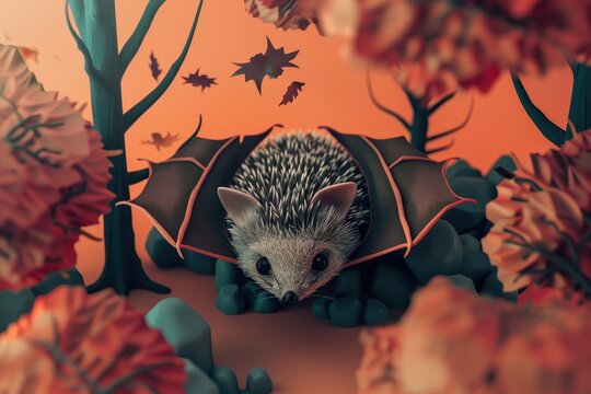 A bat with a hedgehog on its back is laying on a pile of leaves