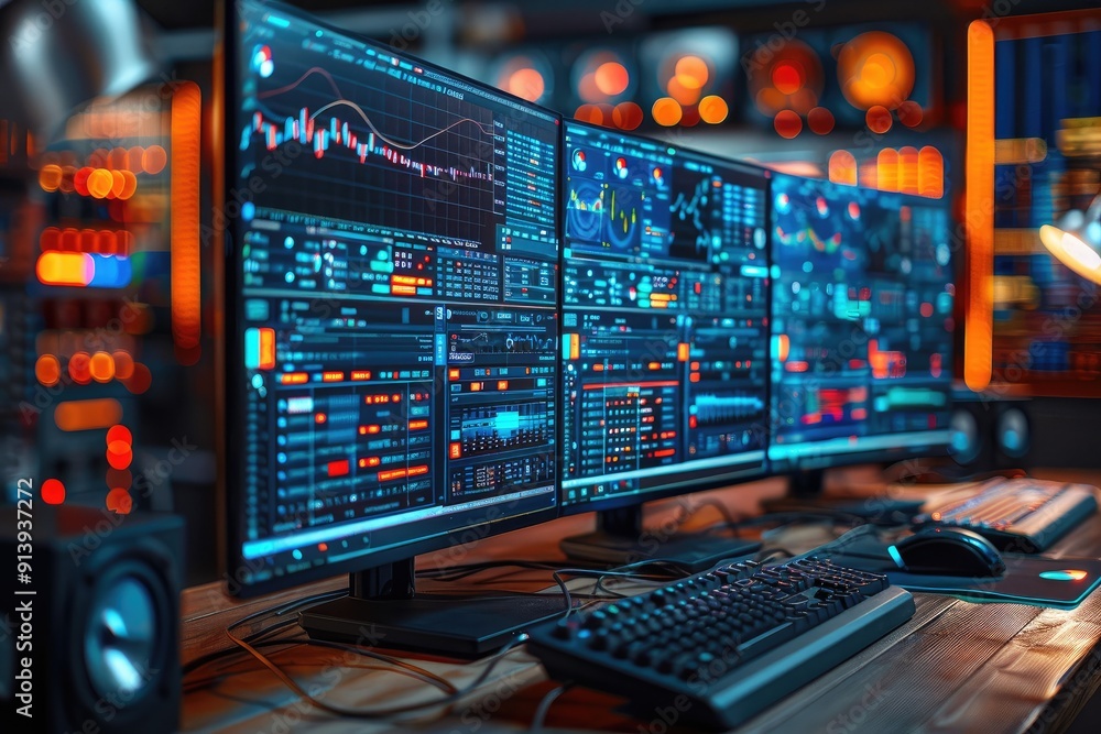 Poster multiple computer monitors displaying data and charts in a dark room