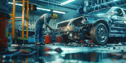 Naklejka premium Mechanic inspecting damaged car in garage.