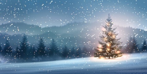 Decorated Christmas tree glowing under the night sky - A peaceful winter landscape with falling snowflakes