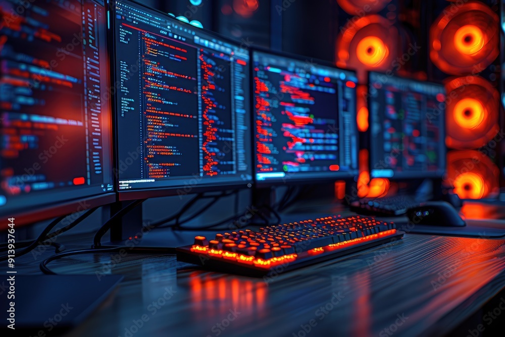 Poster red backlit keyboard and code on monitors in a dark room