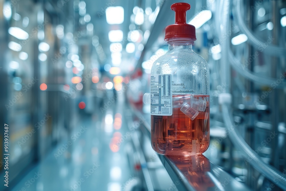 Poster red-topped bottle with liquid in a laboratory setting