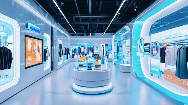 Discover an advanced retail space featuring sleek displays and interactive technology showcasing the latest in consumer products