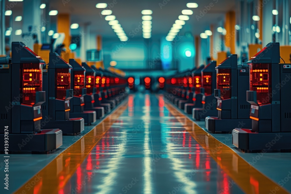 Poster row of illuminated automated machines in a factory setting