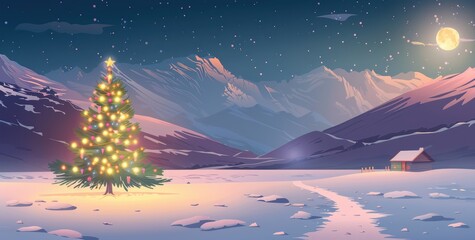 Fototapeta premium Decorated Christmas tree glowing under the night sky - A peaceful festive winter landscape 