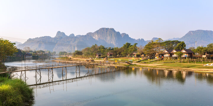 Town and Nam Song river at sunrise, Vang Vieng, Laos
