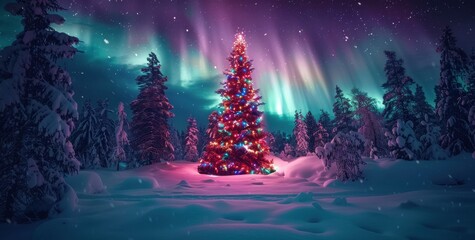 Fototapeta premium Christmas Tree in the Winter Wonderland Landscape with Aurora Borealis and Majestic Lights