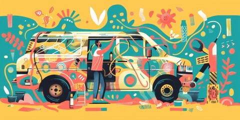 Man painting colorful van with abstract shapes.