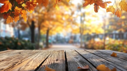 Versatile autumn themed empty wooden table with softly blurred background for elegant decor