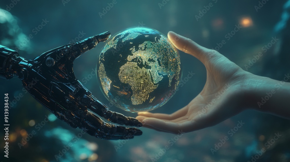 Leinwandbilder hands of a robot and a human cradling a digital world with holographic continents and data
