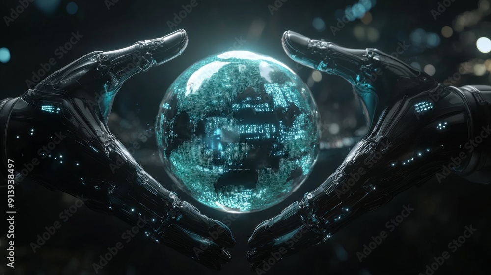 Aufkleber Hands of a robot and a human cradling a digital world with holographic continents and data