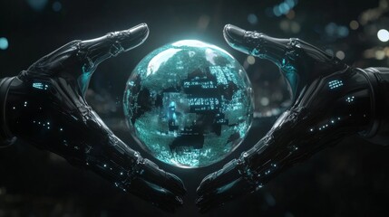 Naklejka premium Hands of a robot and a human cradling a digital world with holographic continents and data