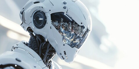 A futuristic white robot set against a vibrant, dynamic urban landscape of the future