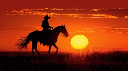 Silhouette of Cowboy Riding Horse at Sunset