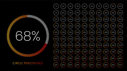 Circle percentage diagram vector illustration set from 1 to 100 with colorful dark orange color on black background. Gradient progress bar, loading indicator for ui, web, infographic or presentation.