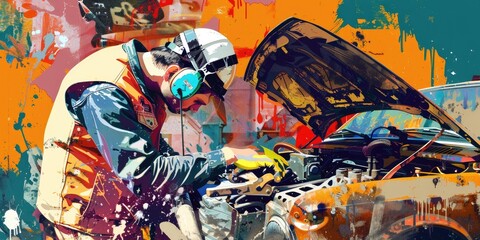 A mechanic works on a car engine.