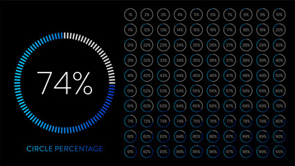 Circle percentage diagram vector illustration set from 1 to 100 with colorful dark blue to light on black background. Gradient progress bar, loading indicator for ui, web, infographic or presentation.