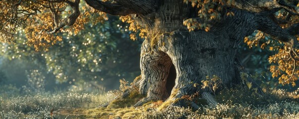 Ancient oak tree with a hollow trunk providing shelter for woodland creatures, 4K hyperrealistic photo
