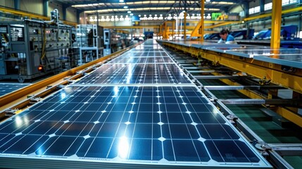 Fototapeta premium Solar Panel Production Line, Close-Up View of Blue Panels on a Conveyor Belt in a Manufacturing Facility