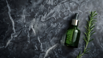 Top view of natural tea tree essential oil bottle with fresh branch on marble background. Herbal skincare product for spa, aromatherapy, beauty treatments, with copy space for branding and promotion