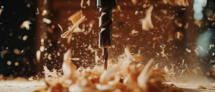 A drill creating a cascade of wooden shavings, highlighting the raw power and precision of craft.