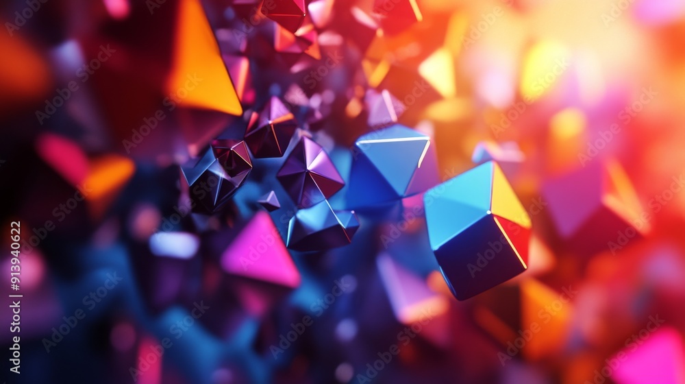 Fototapete lively 3d design with vibrant, moving polygonal shapes and a dynamic background.