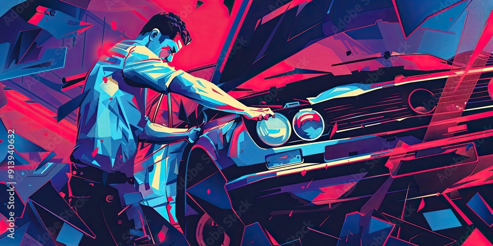 Poster man fixing a car with hood open.
