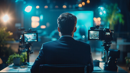 The Man Behind the Screens: A captivating glimpse of a professional broadcaster in a dimly lit studio, his back turned as he commands the attention of the cameras and the audience beyond.