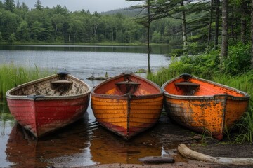 Three Weathered Boats on a Tranquil Lake Shore