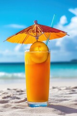Obraz premium Tropical refreshing fruit with an umbrella on a sunny beach