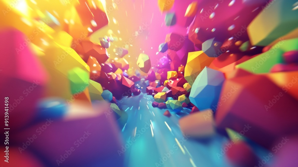 Poster lively 3d scene with colorful, moving polygonal shapes and a dynamic, energetic feel.