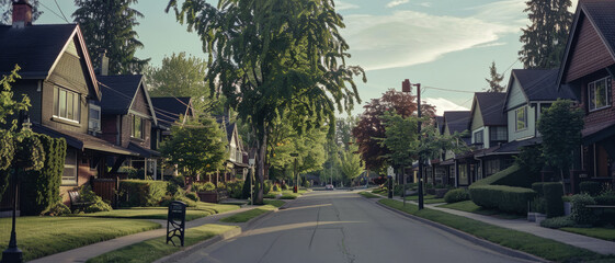 A picturesque suburban neighborhood with tree-lined streets and charming houses basking in the soft light of a serene afternoon.