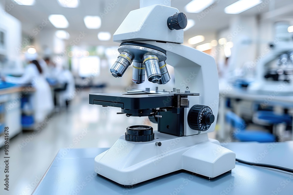 Poster white microscope with multiple lenses in a lab setting