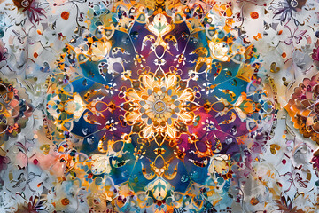 Intricate Ornamental Design Featuring Kaleidoscopic Patterns and Mandala Central Element with Floral and Geometric Motifs