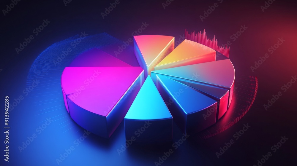 Aufkleber luminous segments in a 3d financial pie chart, creating a radiant and eye-catching design.
