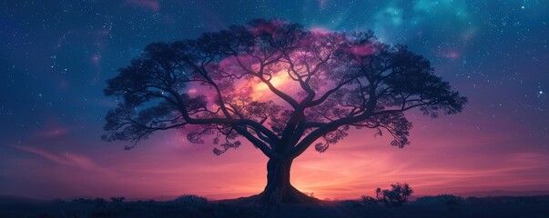 Obraz premium Enchanting tree silhouette against a vibrant, colorful twilight sky with stars, creating a surreal and mystical ambiance.