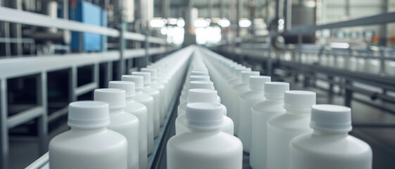 Obraz premium Endless rows of white plastic bottles move along a manufacturing conveyor belt, highlighting the precision and scale of industrial production.
