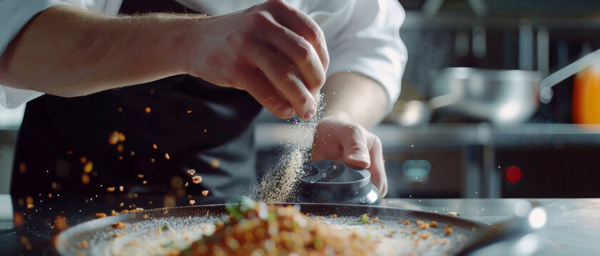 A chef gently seasoning a gourmet dish with a sprinkling motion in a modern kitchen, emphasizing precise culinary techniques and attention to detail.