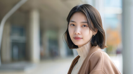 Fototapeta premium Young Asian woman with short black hair looking at the camera.
